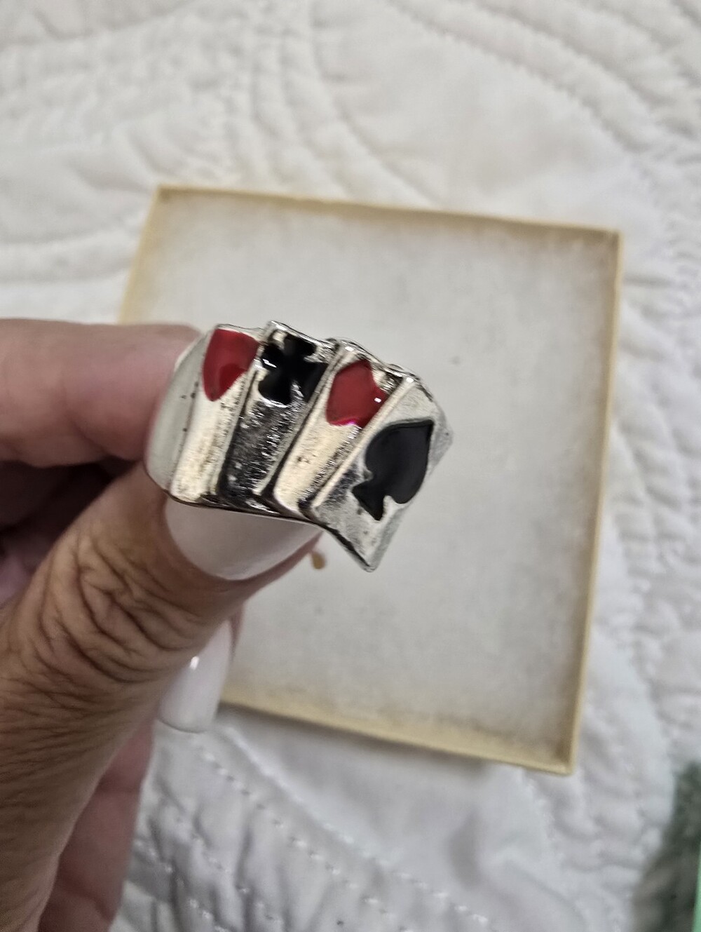 Womens Silver Playing Card Suit Ring with Red and Black Accents Size 8